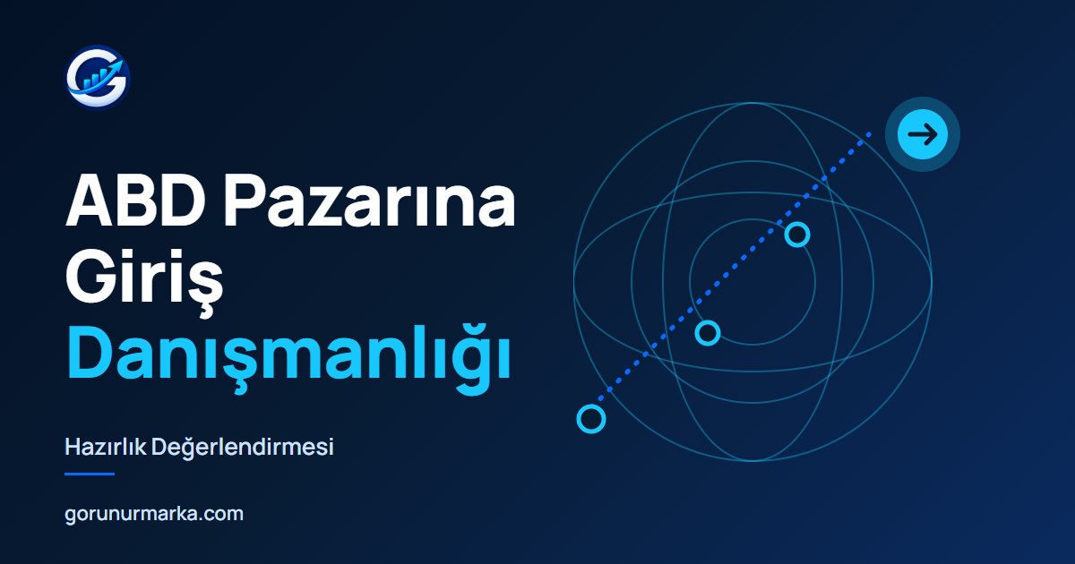 ABD Pazarına Giriş Danışmanlığı başlığı; sağda halkalardan oluşan soyut bir küre ve okla biten noktalı rota çizimi