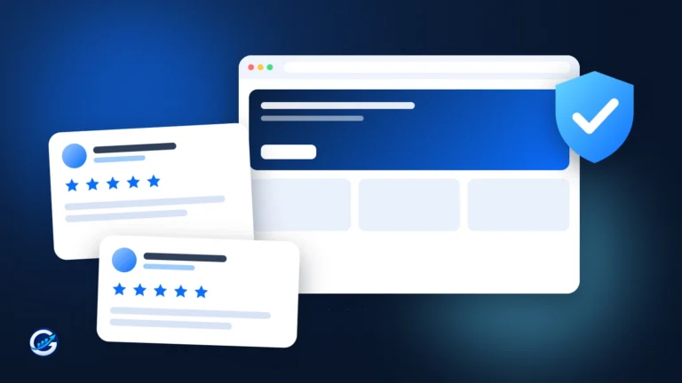 İki yorum kartı (avatar, yıldız, gri çubuklar) sol-önde, kurumsal bir web sitesi penceresi ortada, sağda mavi onay kalkanı.